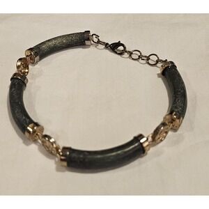 Vintage Chinese Yellow Gold Tone Green Nephrite Jade Bracelet